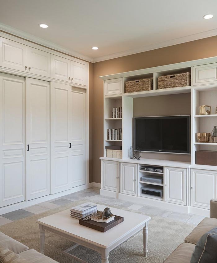 Media wall with open shelves and closed storage