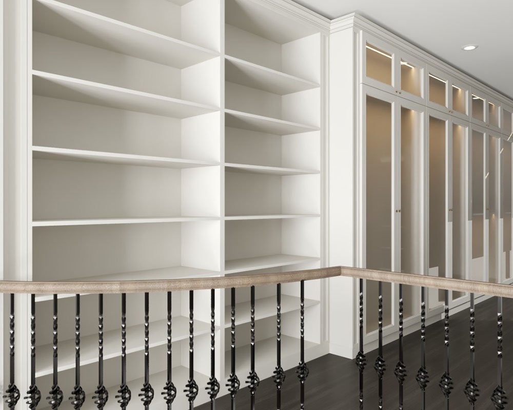 Walk-in closet with glass-front cabinets and hanging
