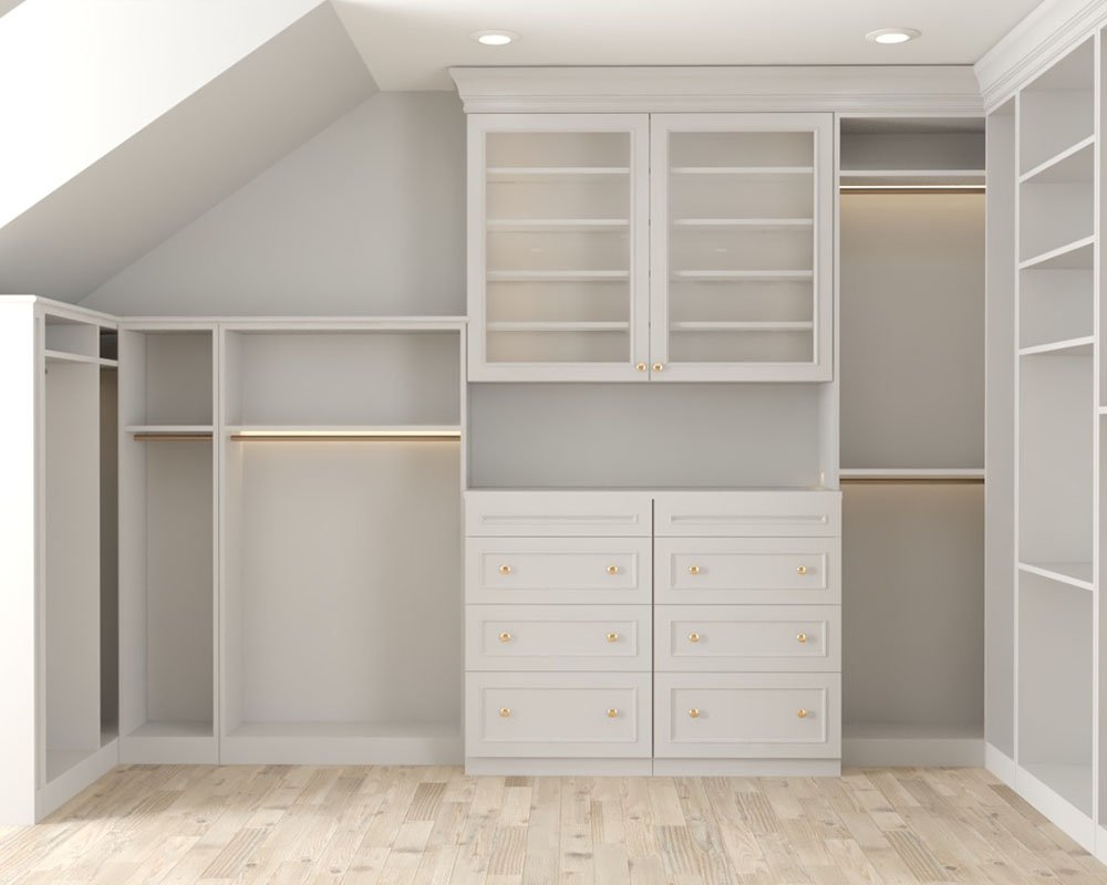 Reach-in closet with mixed open and closed storage