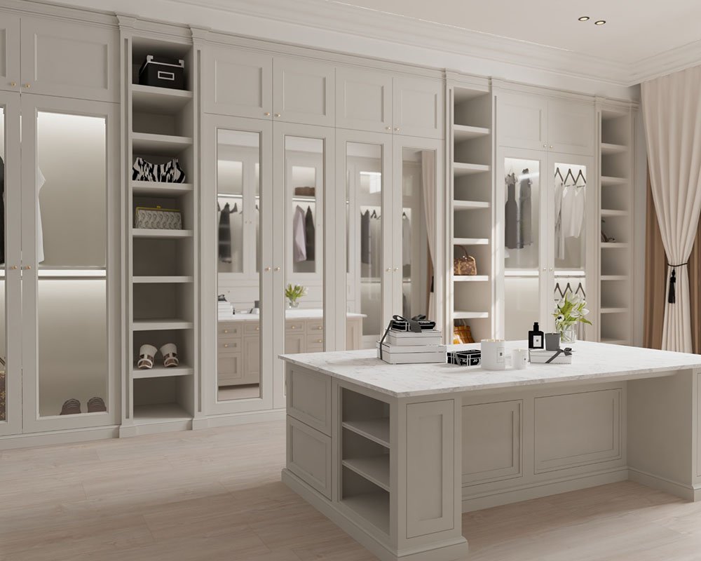 Closet with mirrored doors and custom interiors