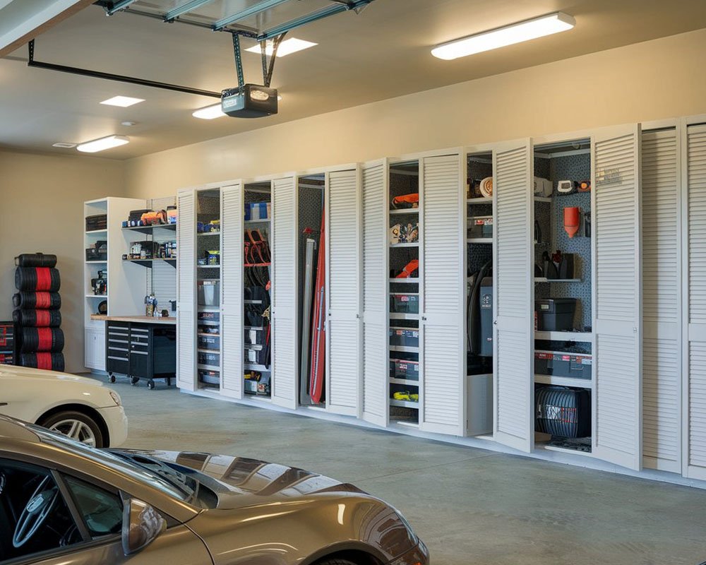 Custom garage storage with overhead cabinets