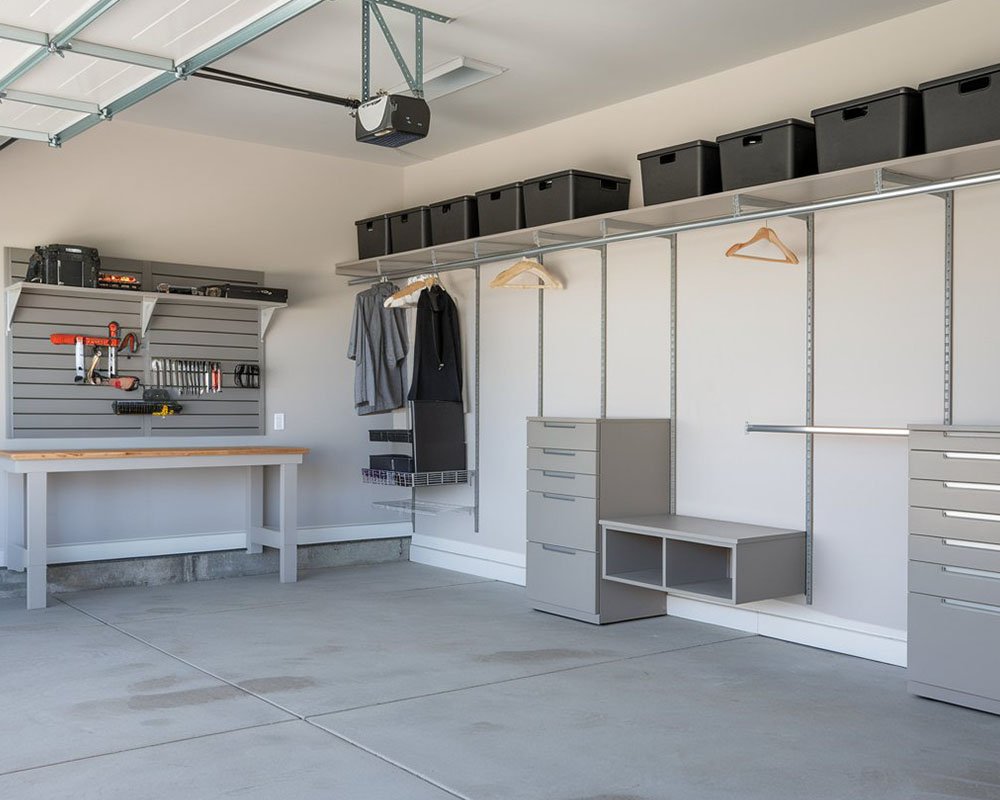 Garage wall system with cabinets and hooks