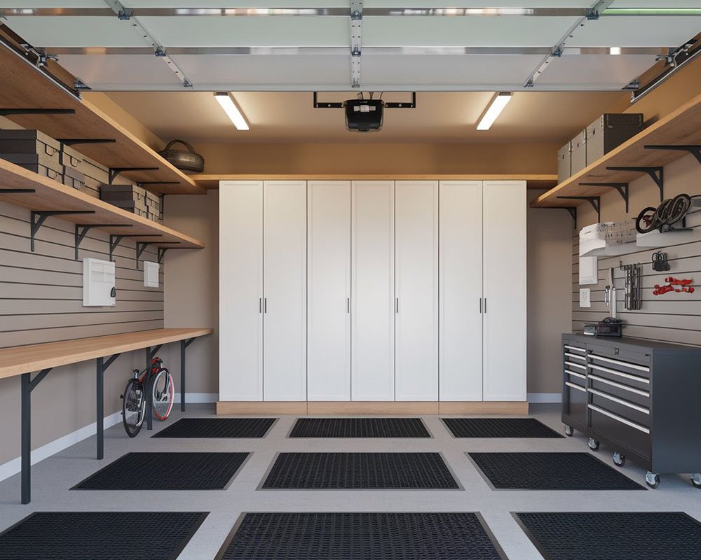 Organized garage with closed cabinets and track