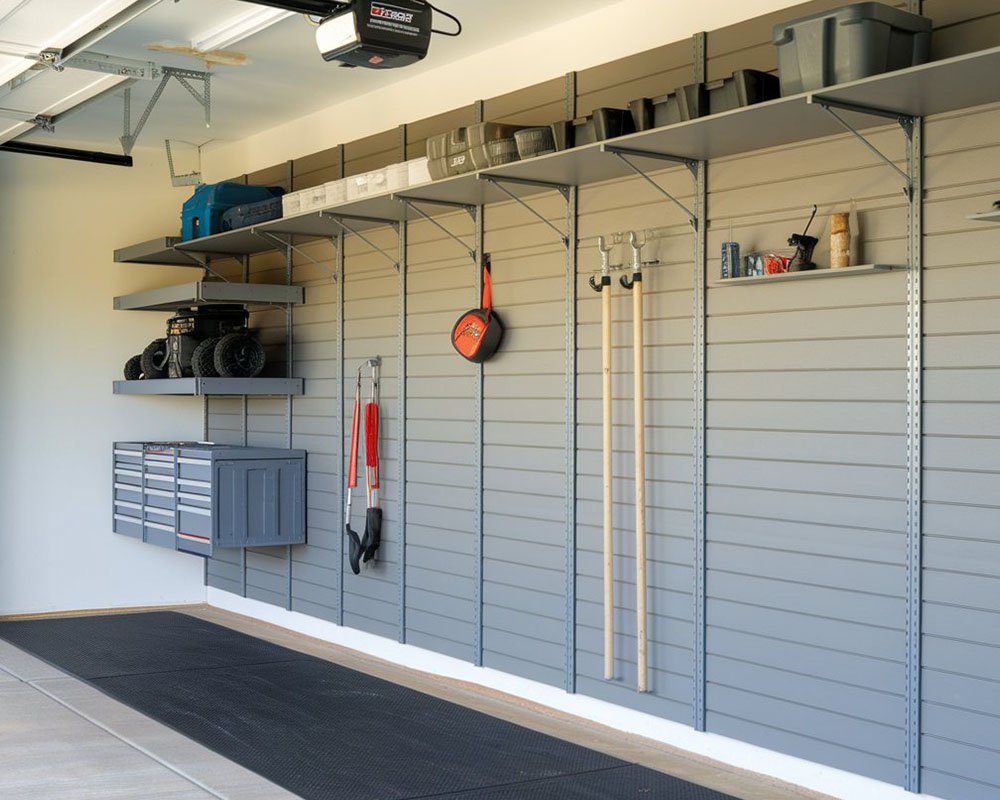 Garage cabinets with a workbench and wall storage