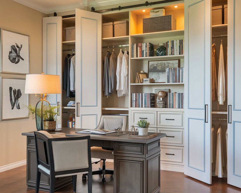 Home office cabinetry with a long worksurface