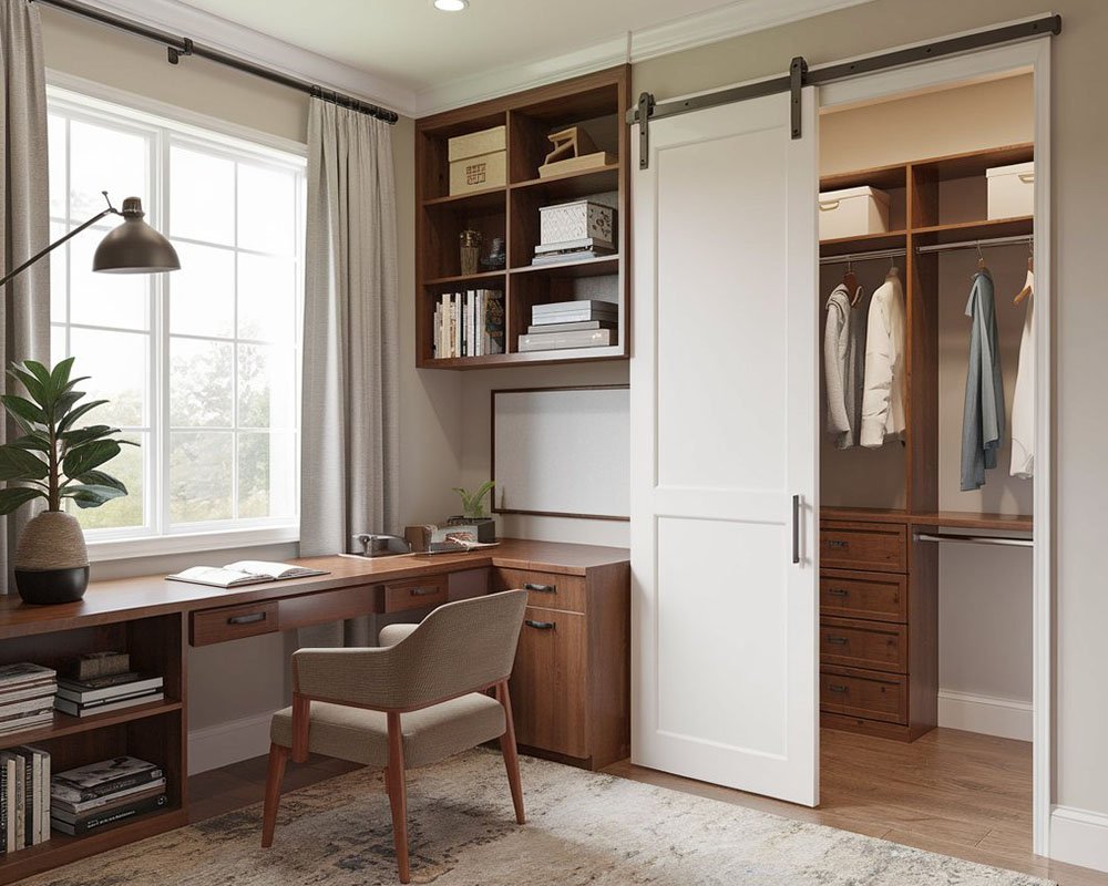 Custom office wall with desk and tall storage