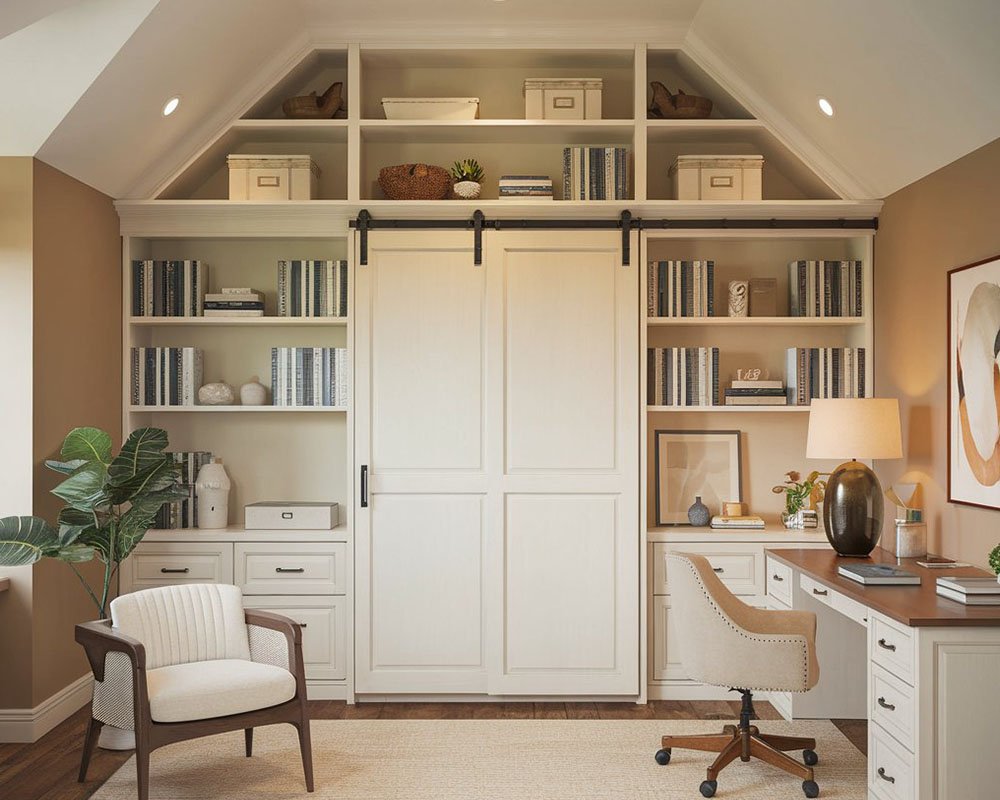 Home office with closed cabinets and a clean desk