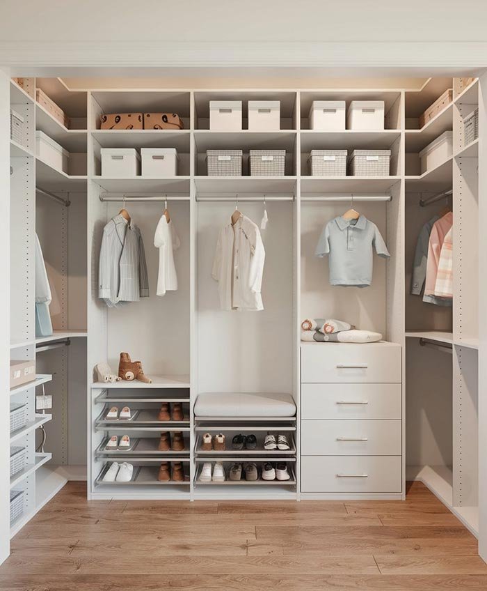 Kids and nursery closet with storage bins