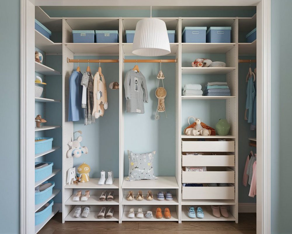 Kids closet with hanging and toy storage