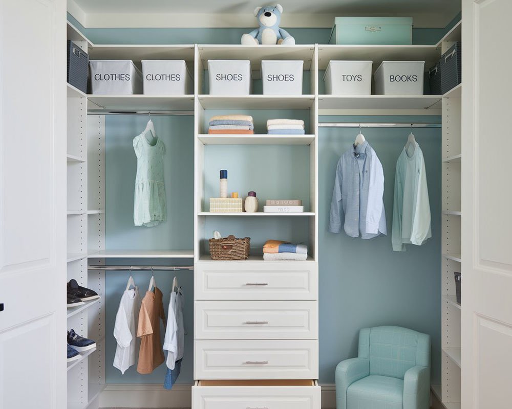 Nursery closet with drawers and open shelves