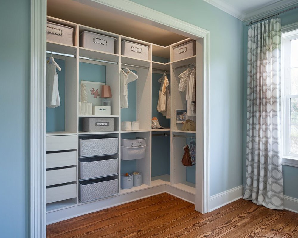 Custom kids closet with open shelves and hanging