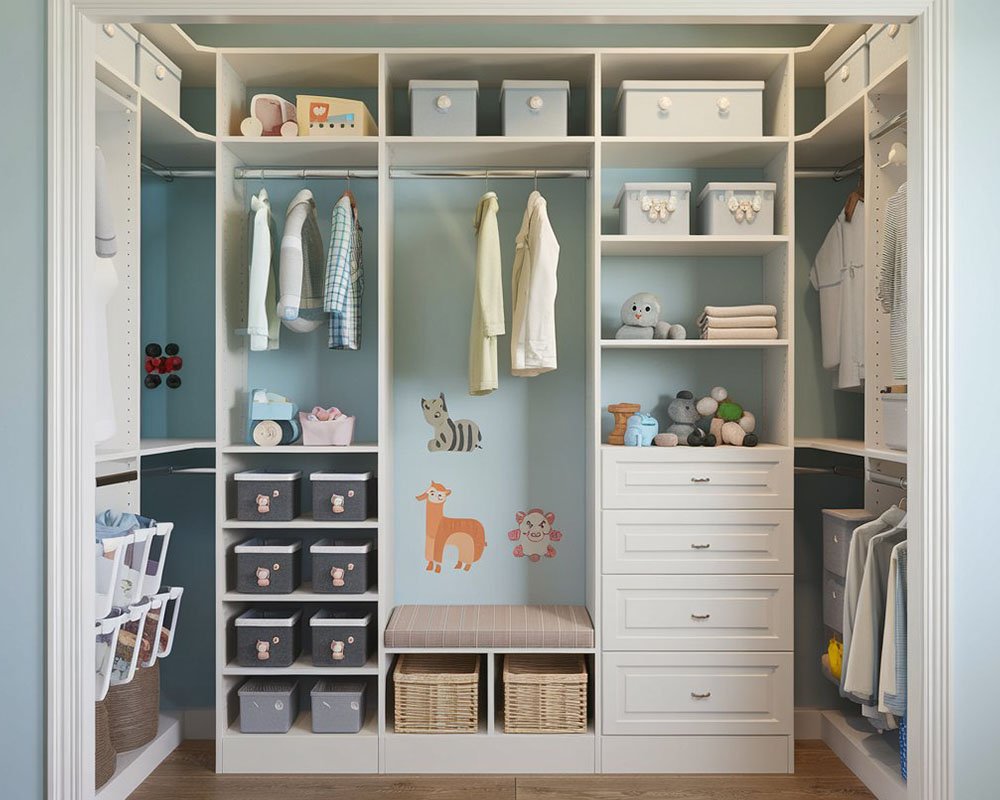 Kids closet with cubbies, drawers and a hamper
