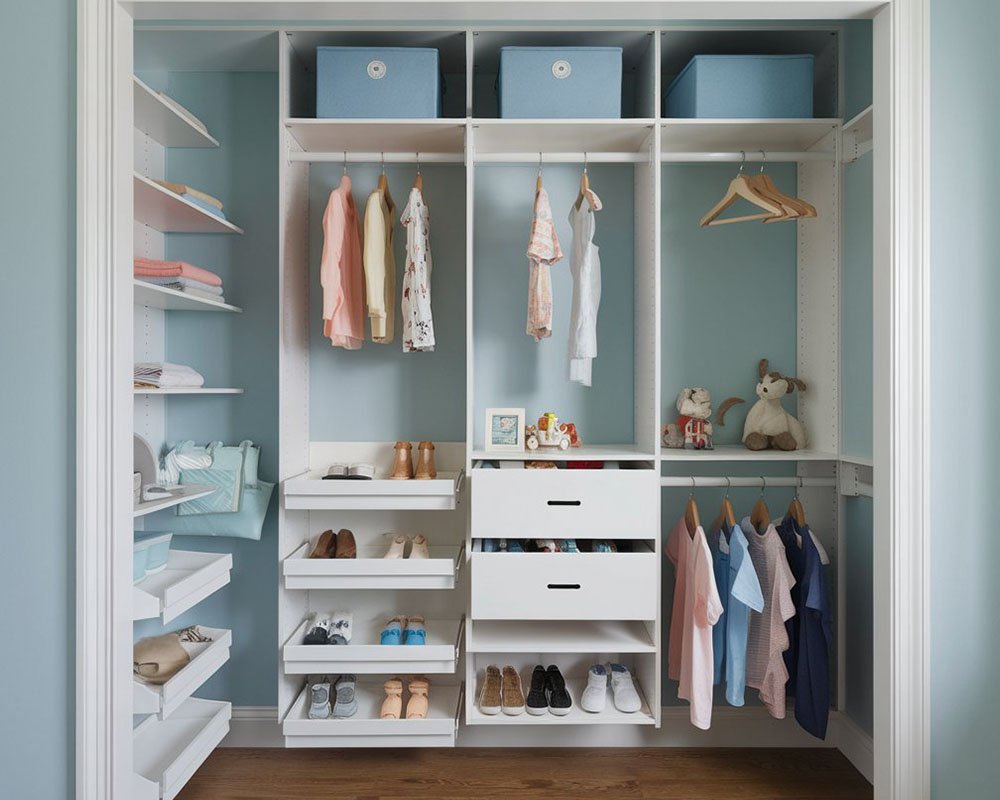 Custom kids closet with a mix of cubbies and cabinets