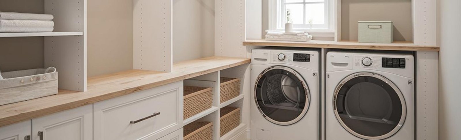 Laundry cabinets with a counter over the machines