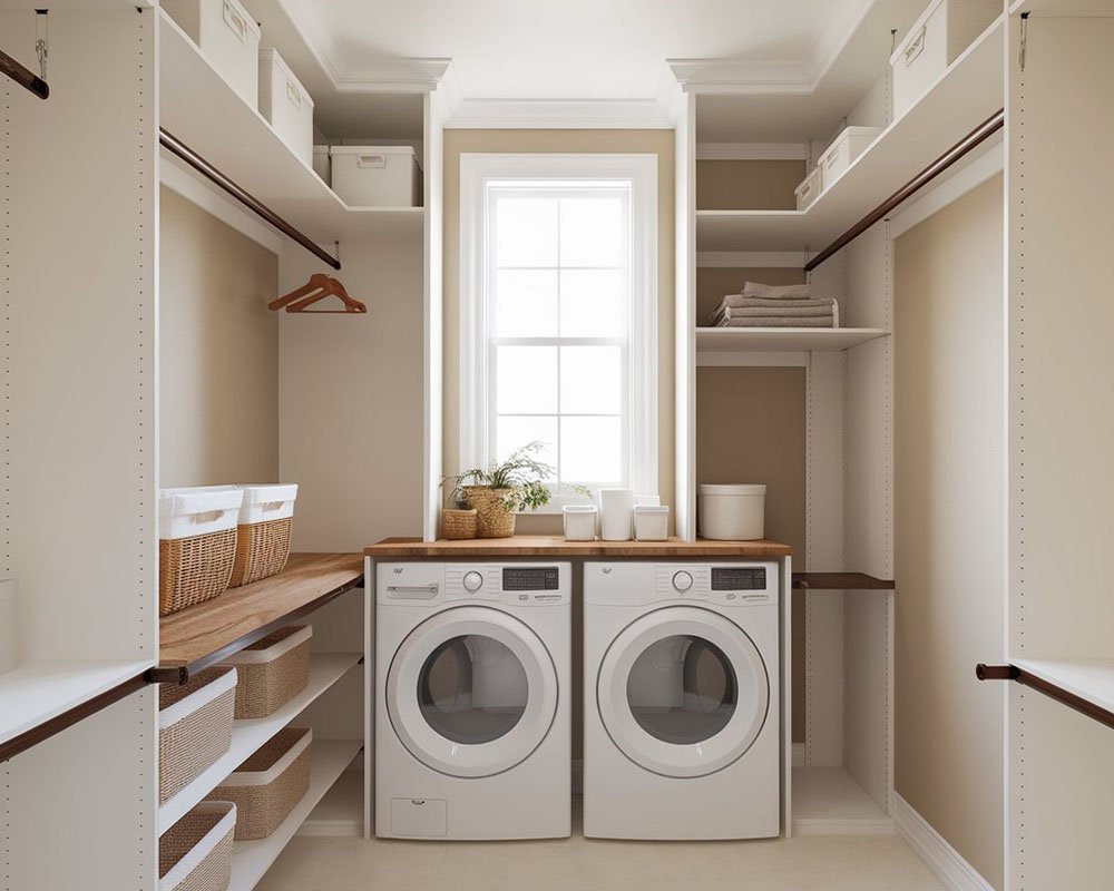 Laundry cabinets with hanging rod and open shelves
