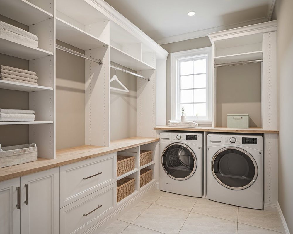 Laundry room with hanging space and cabinets