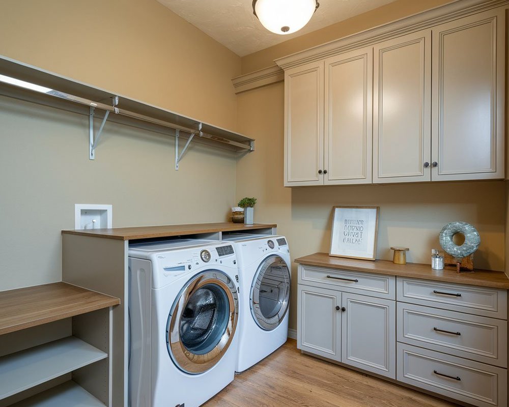 Custom laundry closet with hamper and shelves