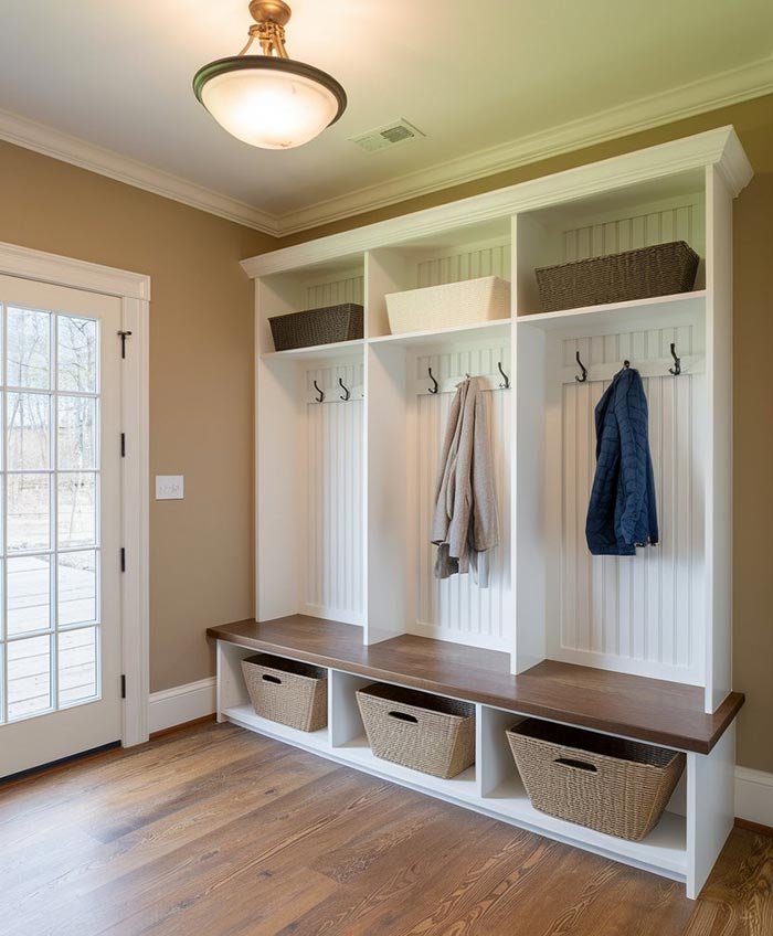 Custom mudroom lockers with a bench and hooks in Virginia