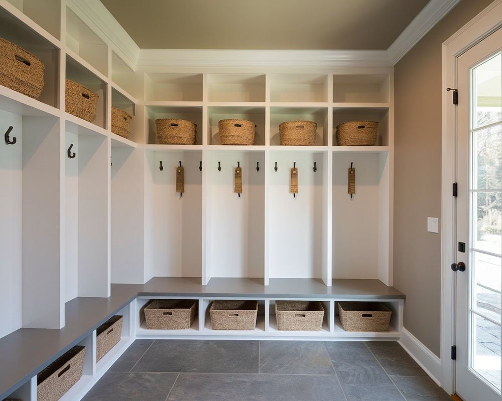 Mudroom with built-in lockers and a seating bench