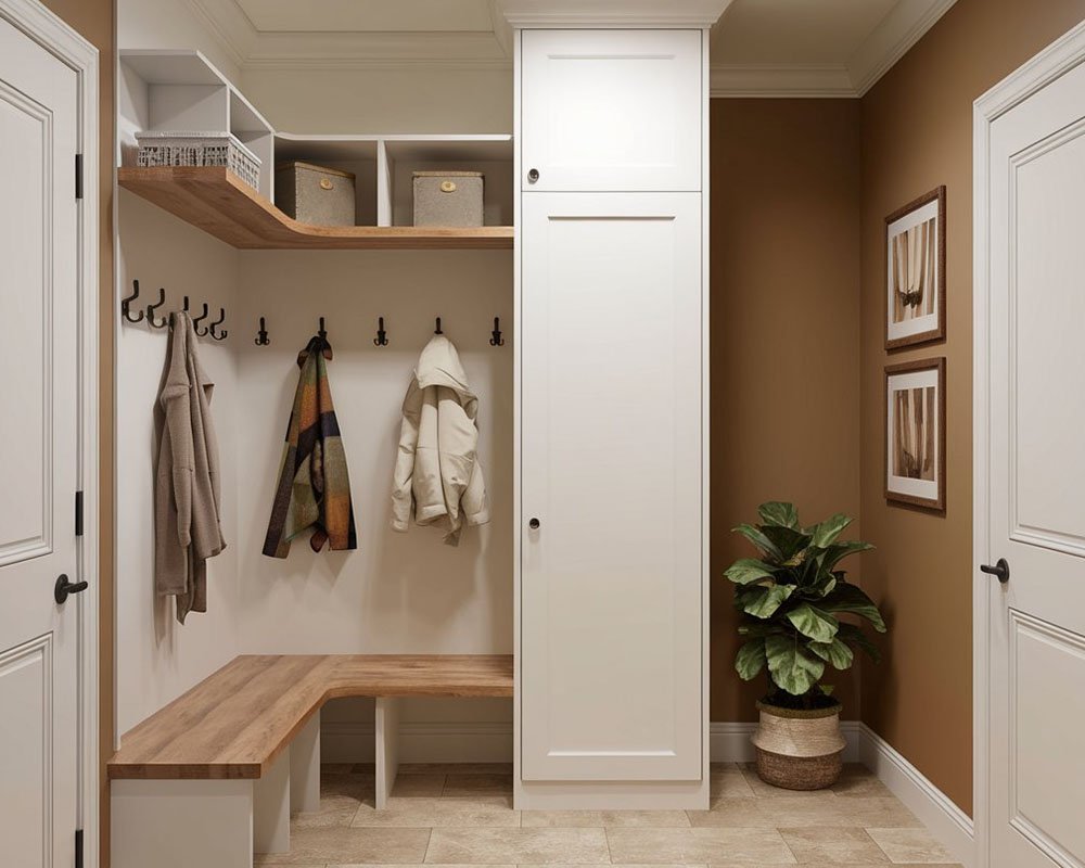 Entry mudroom with hooks, cubbies and cabinets