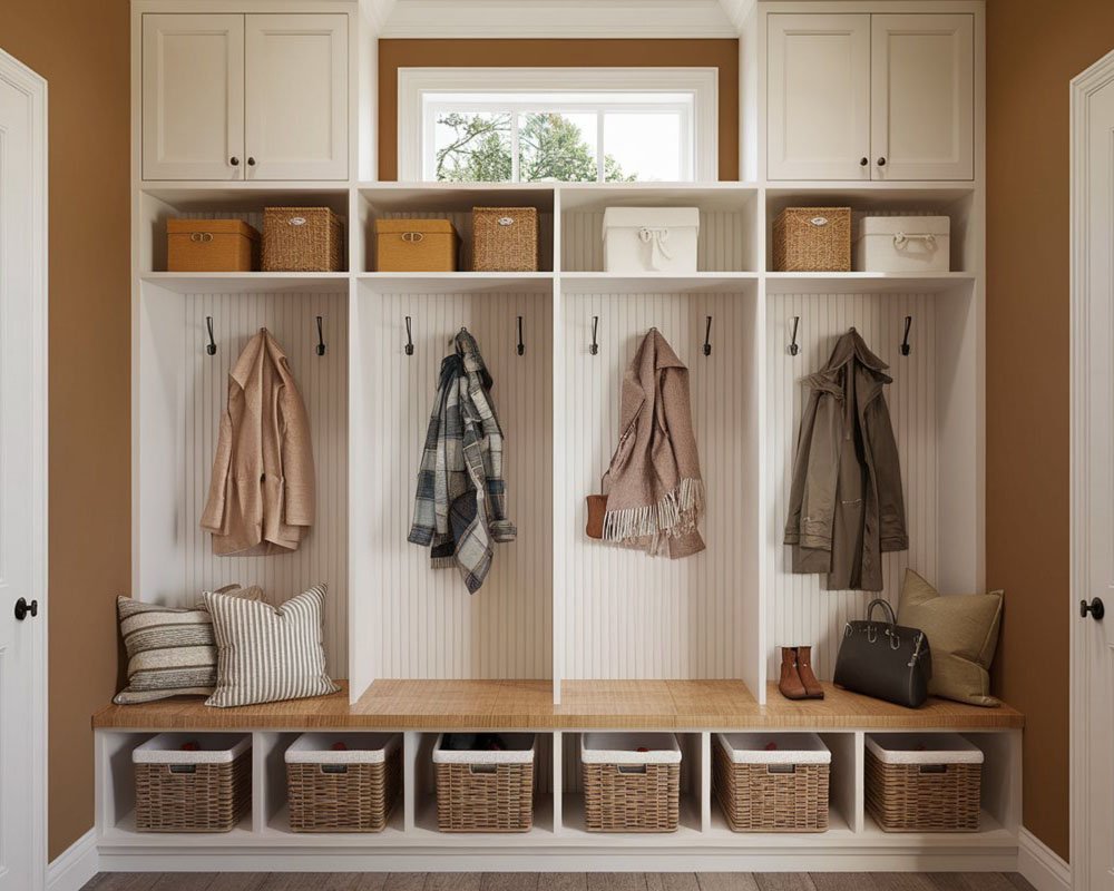 Mudroom bench with shoe cubbies underneath