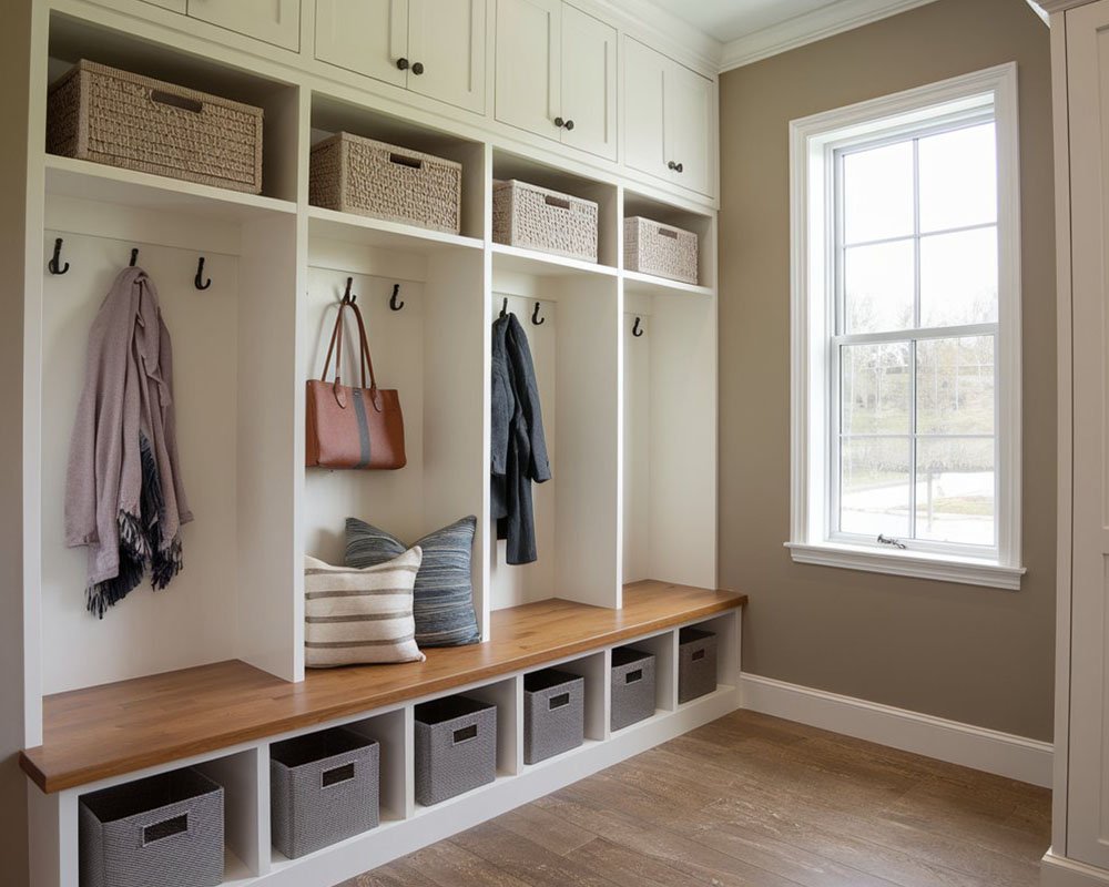 Mudroom lockers with hooks and upper cabinets