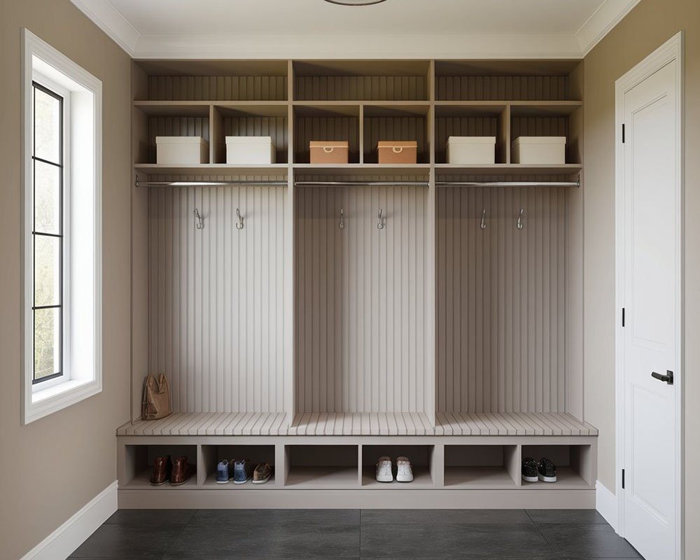Custom mudroom with mixed open and closed storage