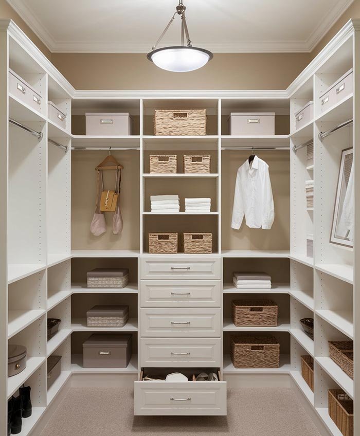 Walk-in pantry with mixed storage including corner access