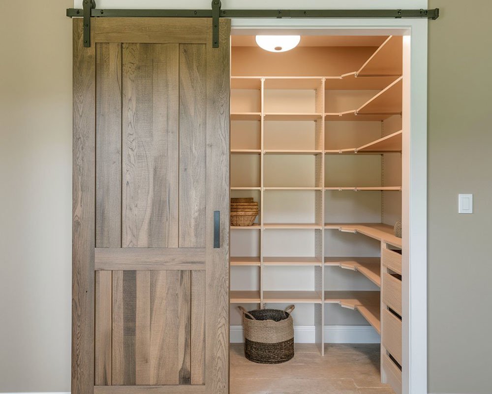 Pantry with pull-out baskets and labeled bins