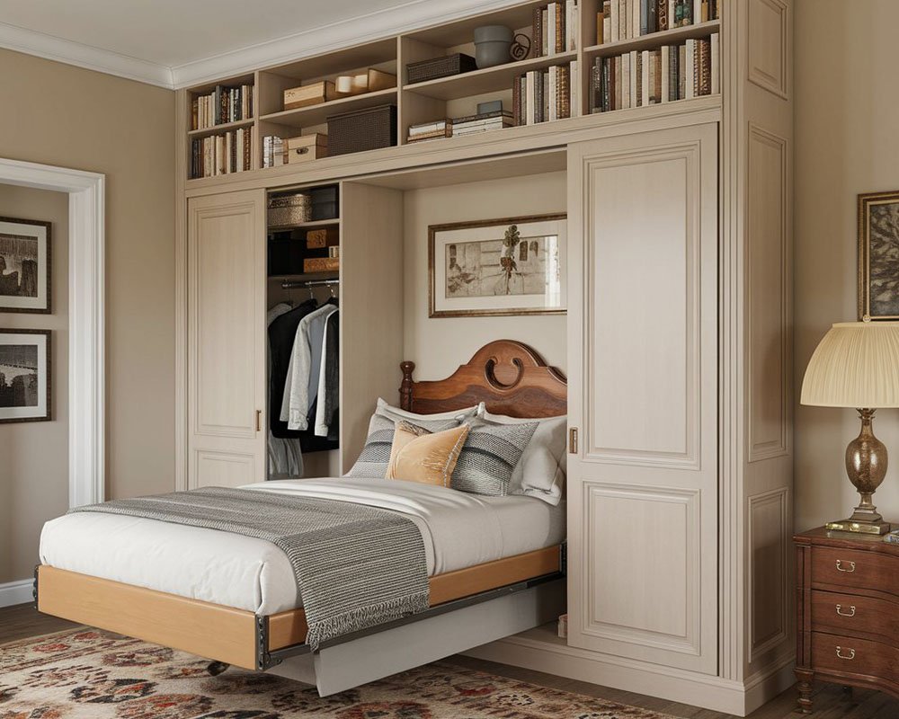 Wall bed with built-in desk and shelving
