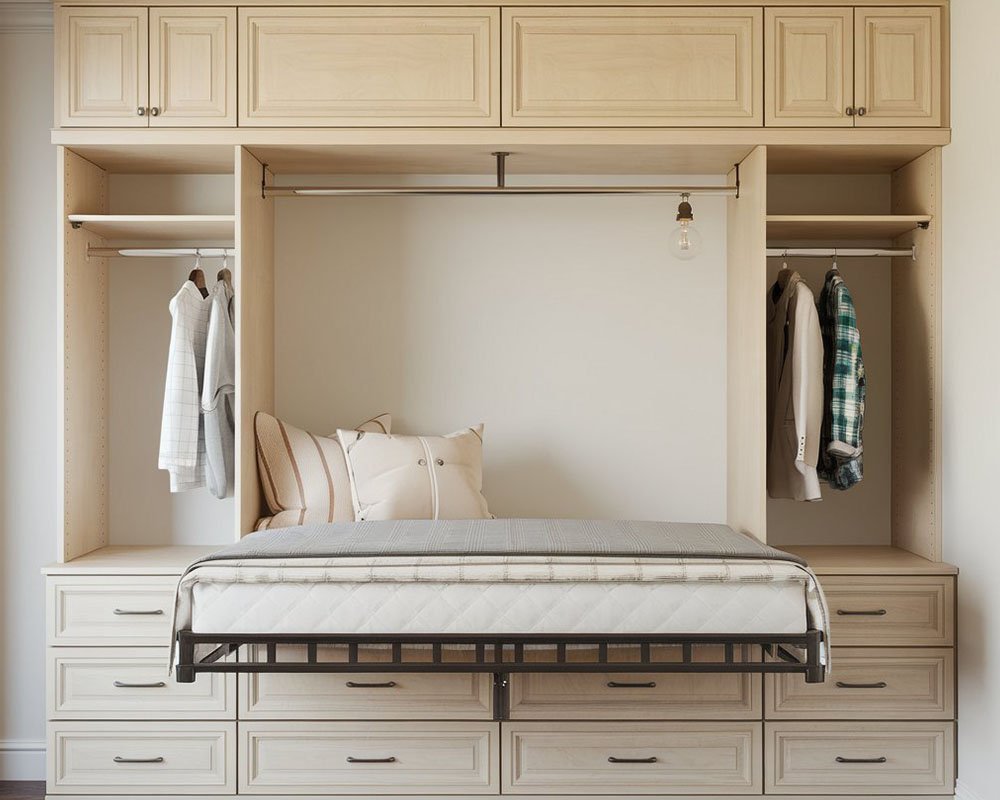 Wall bed with cabinets in a Chantilly-built finish
