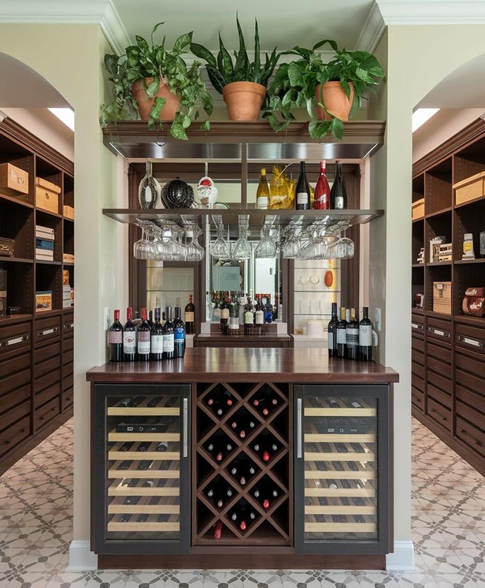 Custom wine bar with bottle racks and glass storage in Virginia