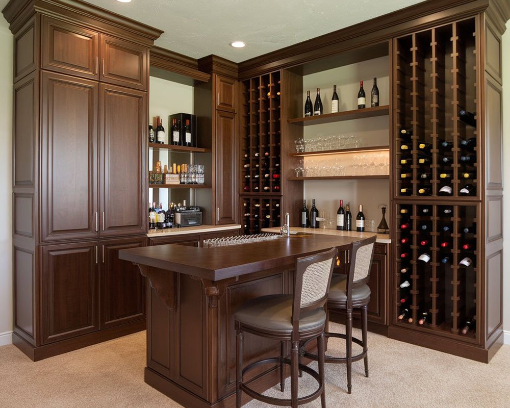 Custom wine bar with open racks and closed cabinets