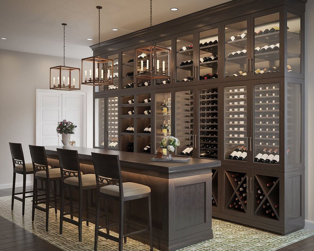 Custom wine storage with glass-front cabinets