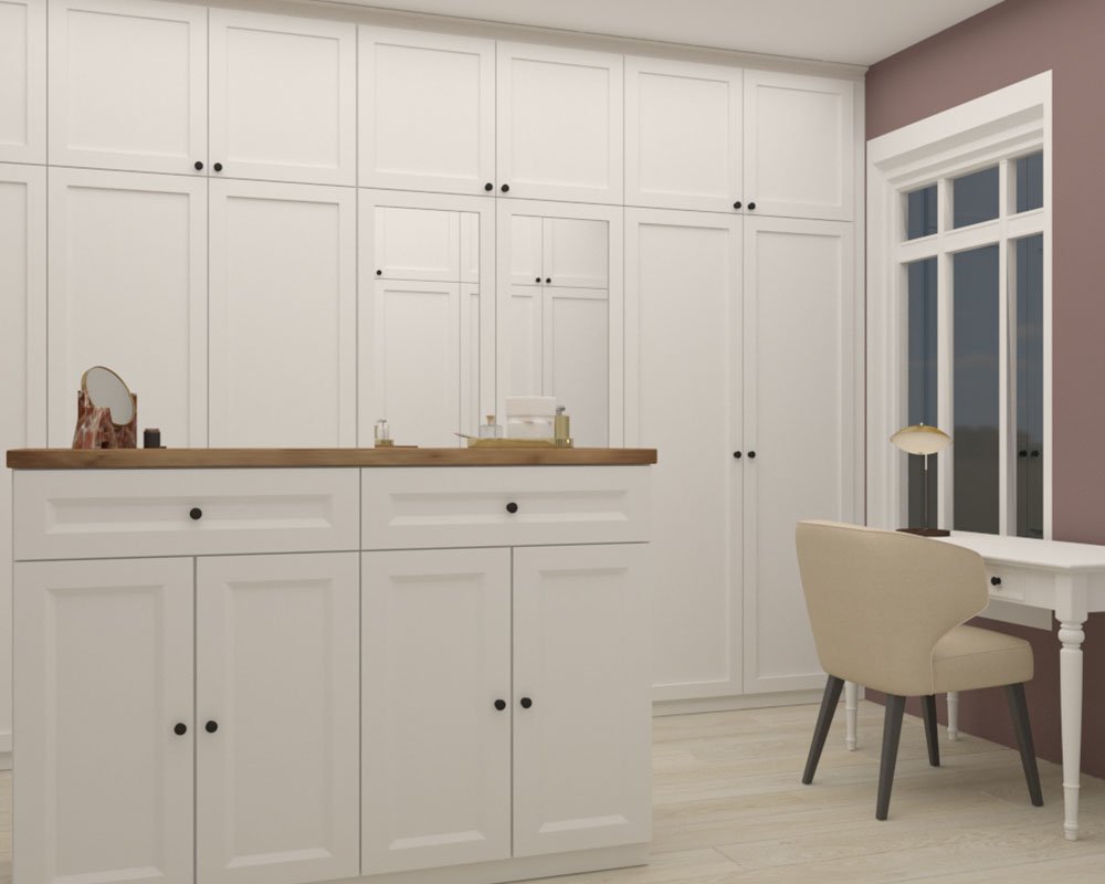 3D design of a walk-in closet with island and hanging