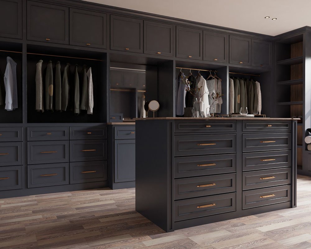 Painted lacquer closet doors and drawers in a custom walk-in
