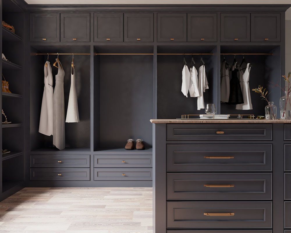 Custom closet with mirrored doors and interior hanging