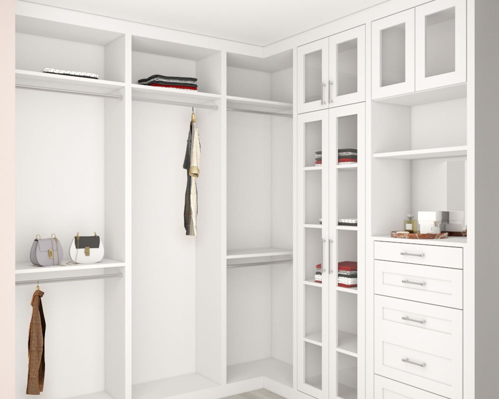 Left side of a custom walk-in closet with hanging and drawers