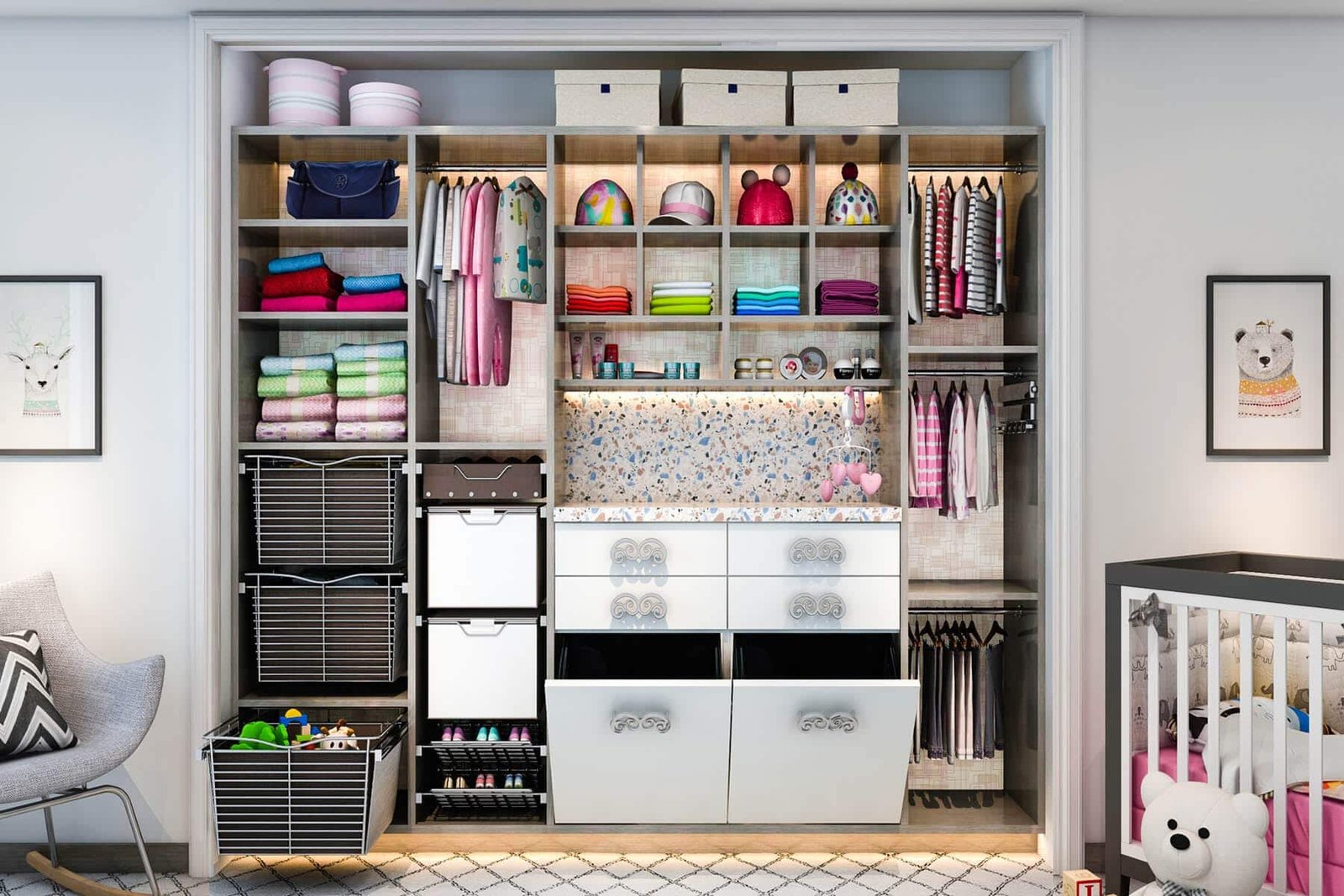 Kids closet with drawers and hanging that can be raised