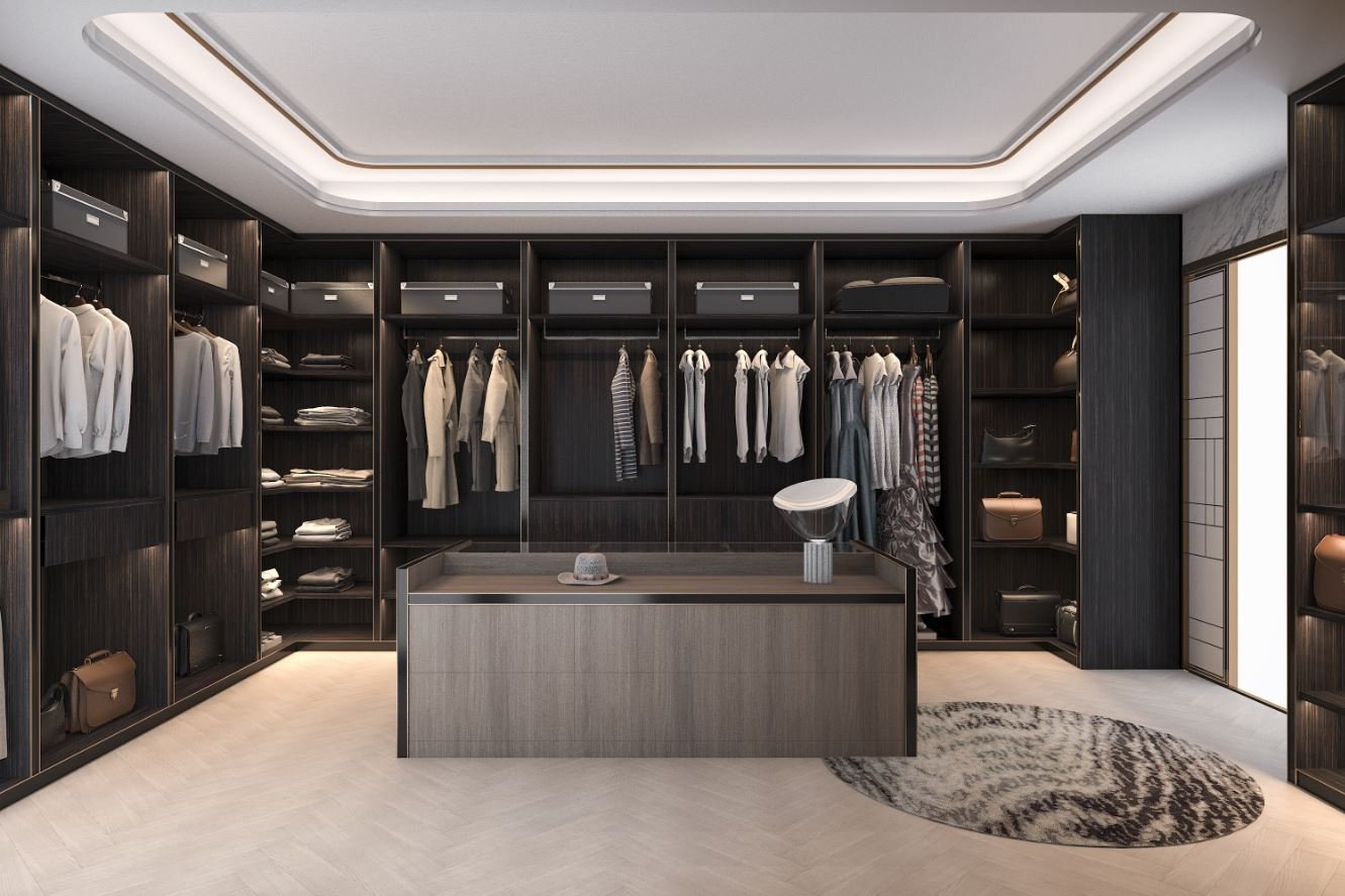 Reach-in closet in Fairfax VA with double hanging and open shelves