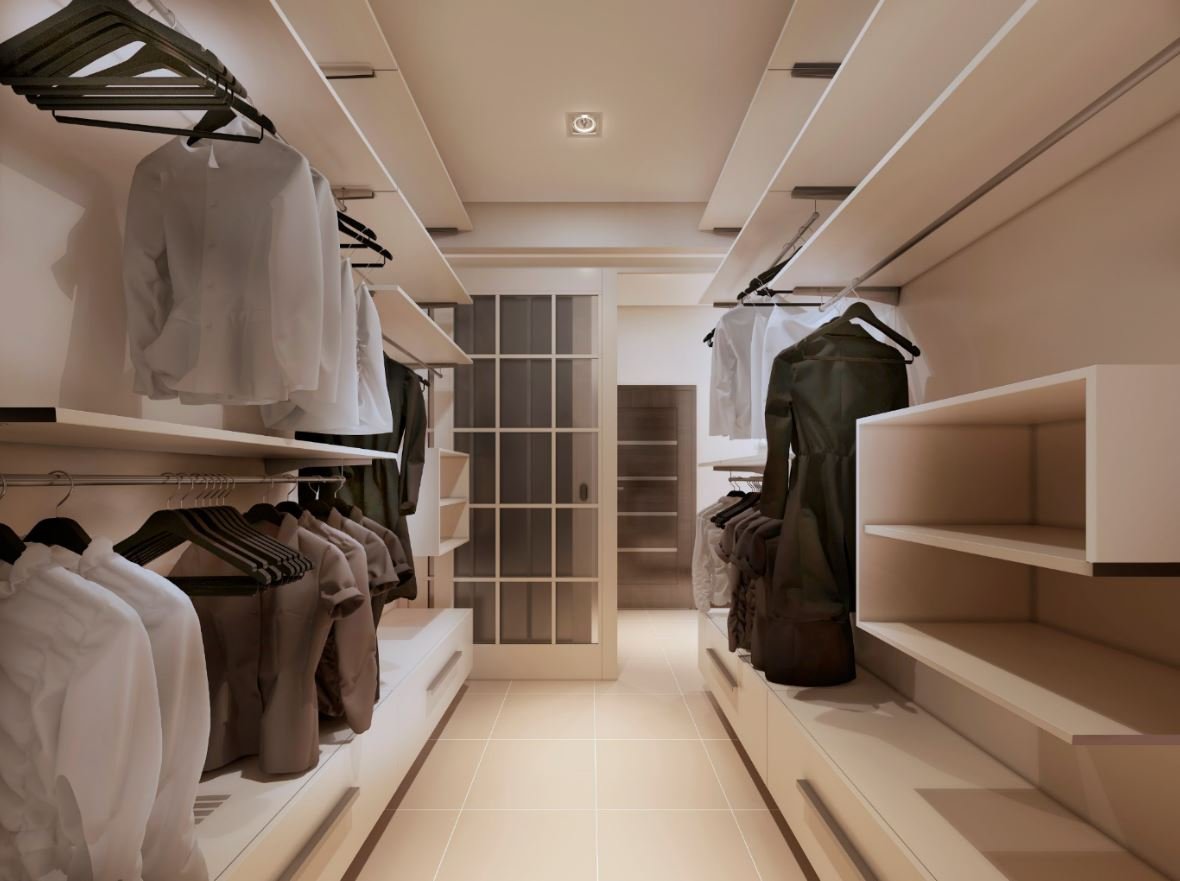 Reach-in closet with long hanging and folded stacks