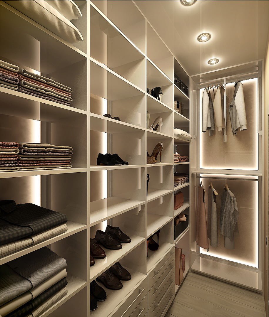 Custom closet corner with hanging and cabinets