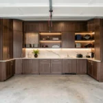 Garage cabinets and open shelvings.