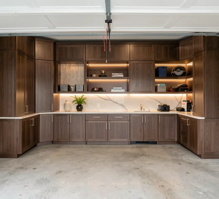 Garage cabinets and open shelvings.