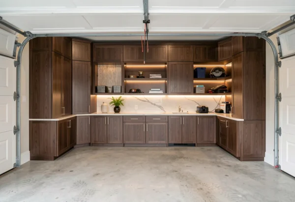 Garage cabinets and open shelvings.