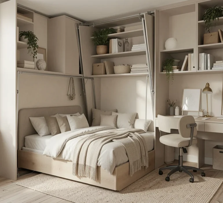 A modern wall bed that transforms into a home office.