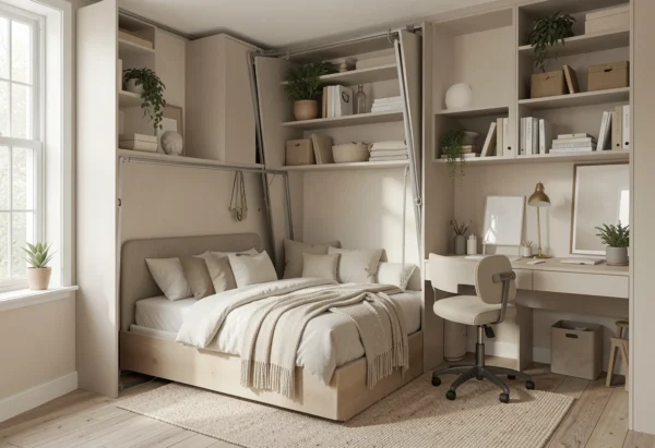 A modern wall bed that transforms into a home office.