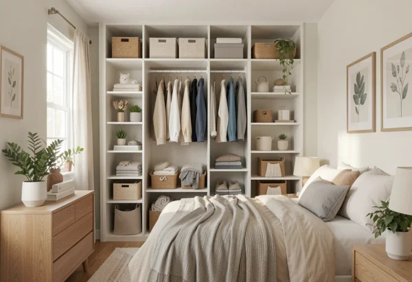 A custom reach-in closet for small spaces.