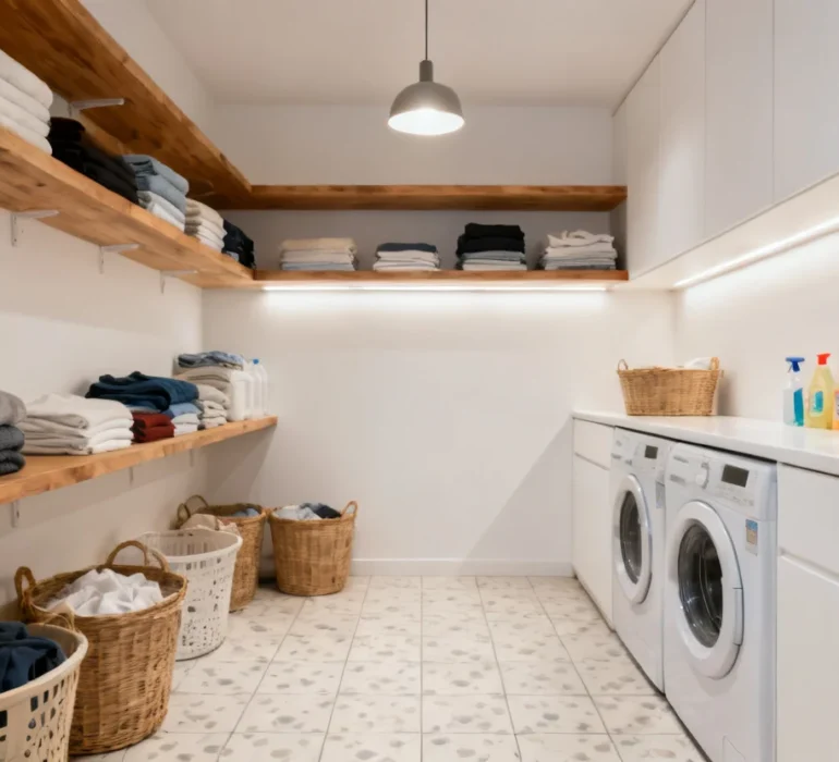 Storage and shelvings in a laundry room.