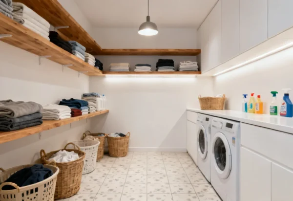 Storage and shelvings in a laundry room.